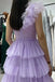 V Neck Lilac Sleeveless Tulle Tiered A Line Long Prom Dress With Ruffles