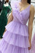 V Neck Lilac Sleeveless Tulle Tiered A Line Long Prom Dress With Ruffles