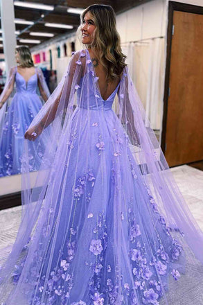 V Neck Lavender Cape Tulle Long Prom Dress With 3D Flowers