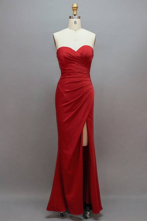 Sweetheart Pleated Satin Red Long Bridesmaid Dress With Split