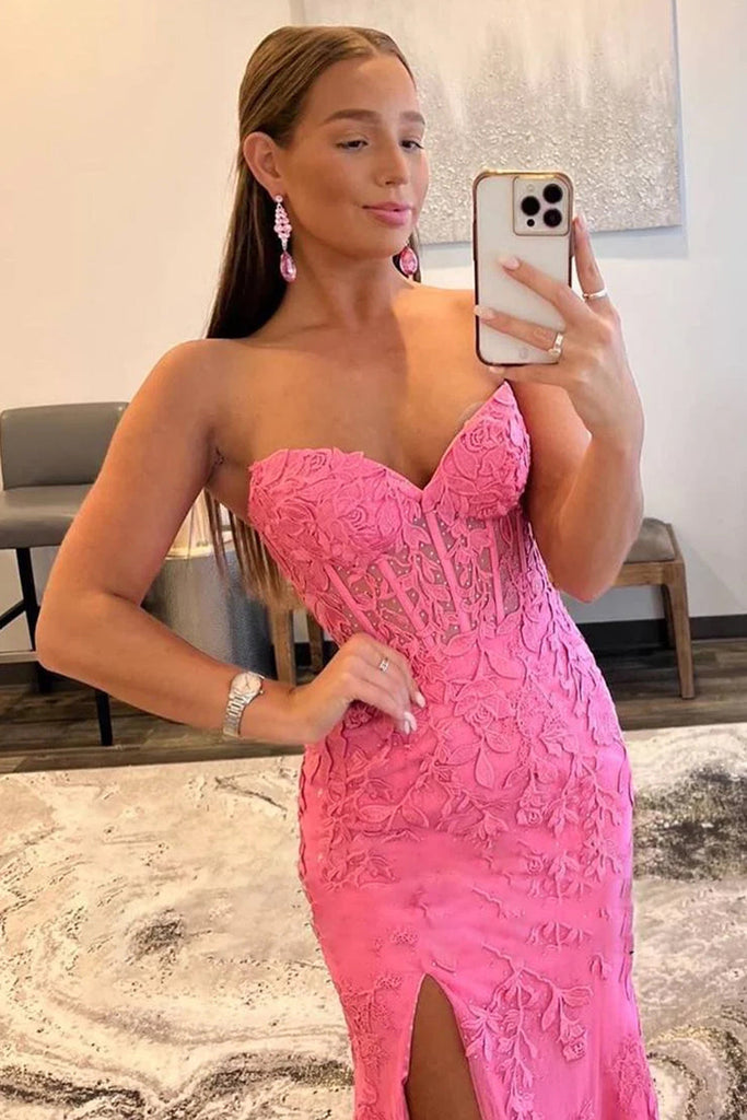 Sweetheart Hot Pink Corset Appliques Long Formal Dress With Slit