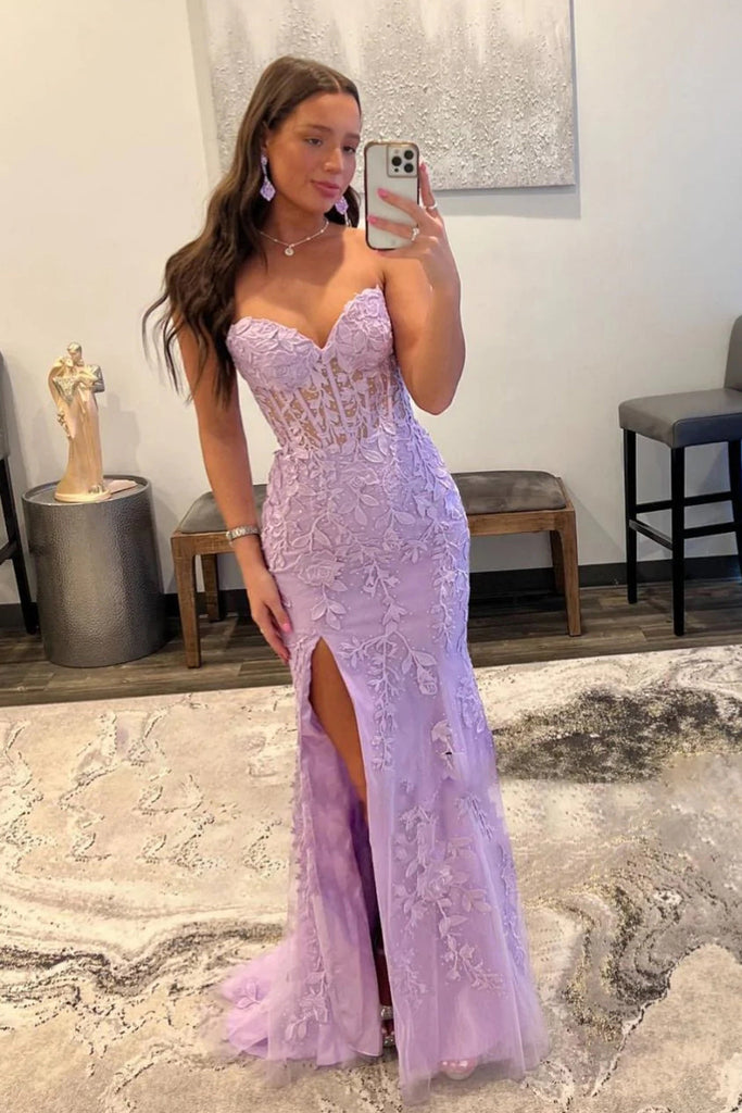Sweetheart Hot Pink Corset Appliques Long Formal Dress With Slit