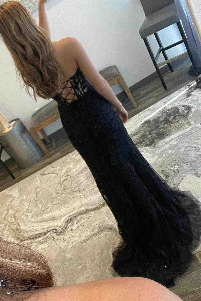 Sweetheart Black Corset Slit Long Prom Dress With Appliques