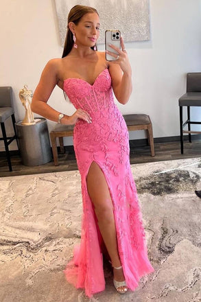 Sweetheart Hot Pink Corset Appliques Long Formal Dress With Slit