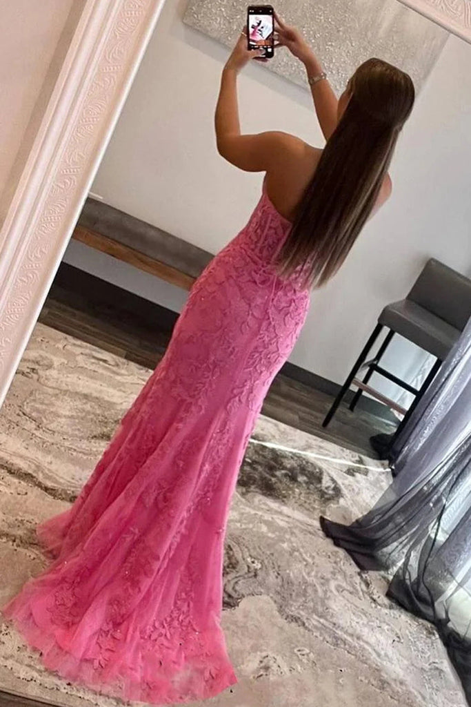 Sweetheart Hot Pink Corset Appliques Long Formal Dress With Slit