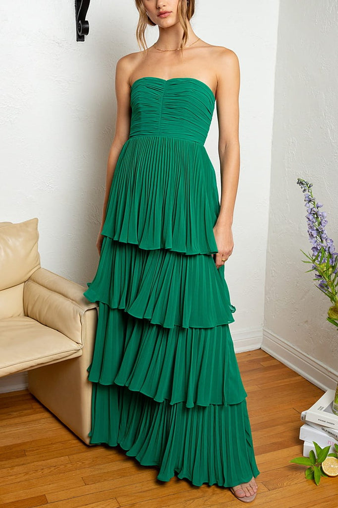 Strapless Emerald Green Backless Long Prom Dress With Ruffle Multi-Layer