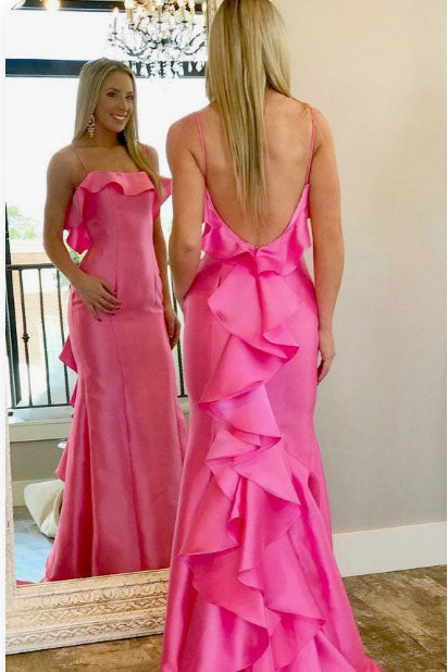 A Line Pink Sleeveless Prom Dress, Mermaid Long Party Dress With Ruffles