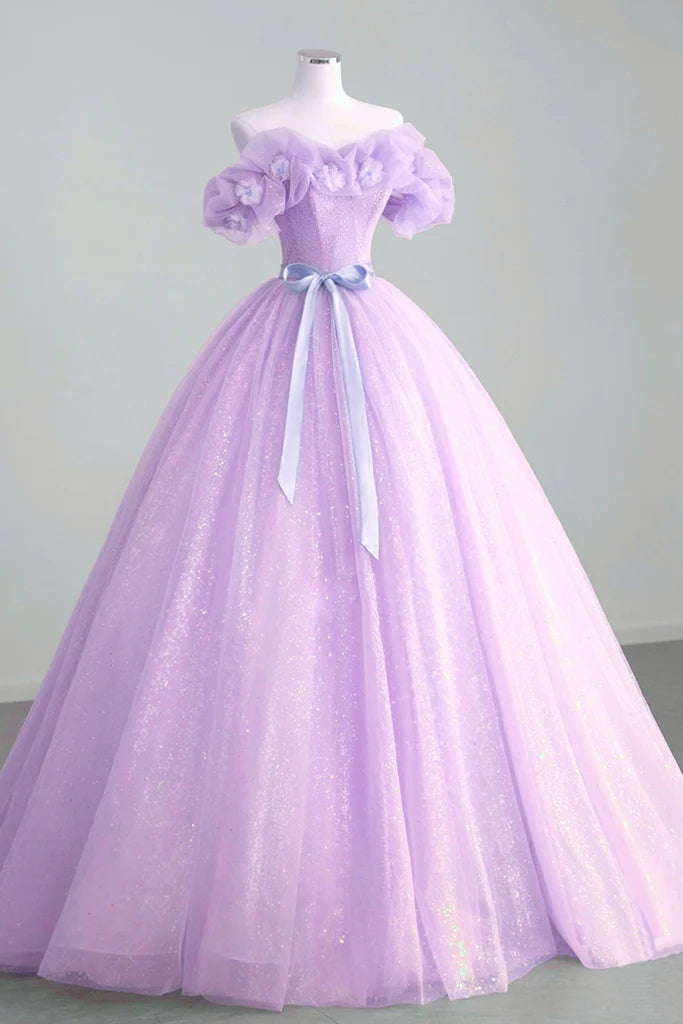 Off the Shoulder Mint Green Puffy Sequined Long Prom Dress With Flowers