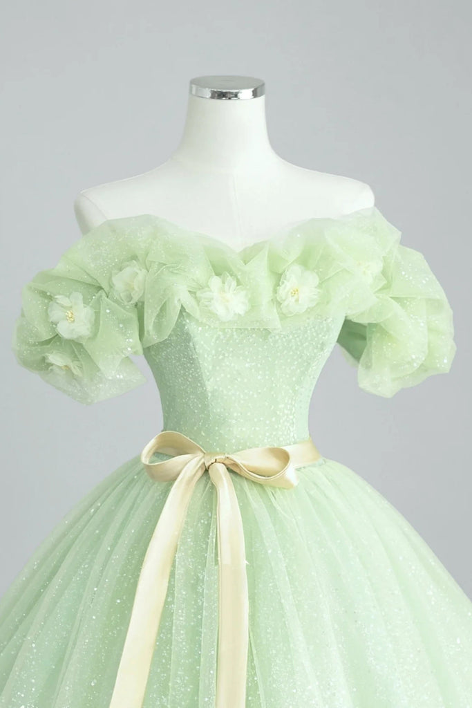 Off the Shoulder Mint Green Puffy Sequined Long Prom Dress With Flowers
