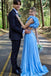 V Neck Blue Ruffles Long Prom Dress, Sleeveless Evening Dress