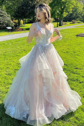 A Line Long Prom Dress With Applique, Tulle V Neck Lace Puffy Party Dress