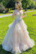A Line Long Prom Dress With Applique, Tulle V Neck Lace Puffy Party Dress
