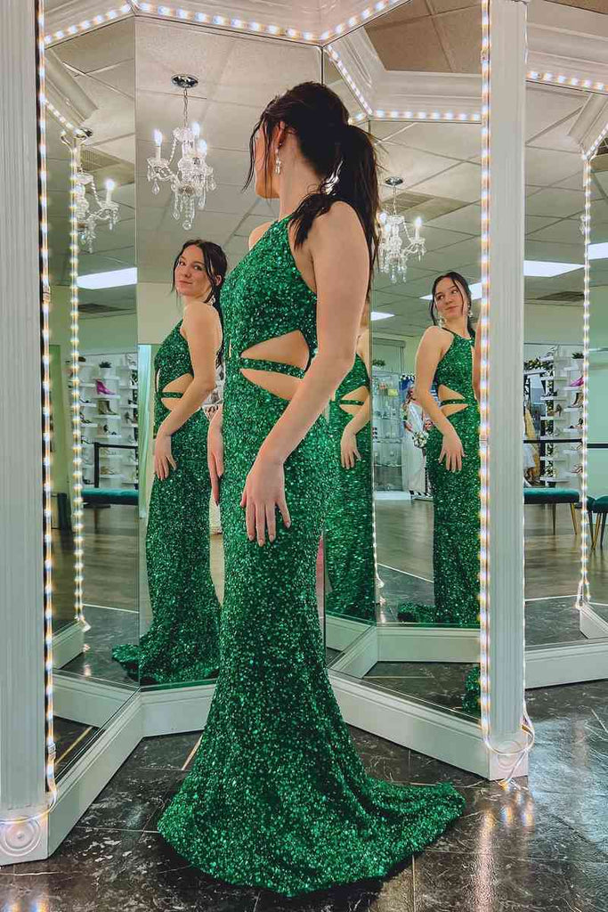 Sexy Green Sequins Mermaid Long Prom Dress Formal Dress With Slit