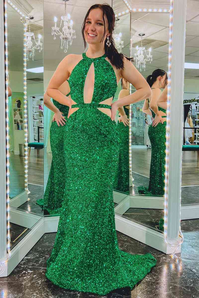 Sexy Green Sequins Mermaid Long Prom Dress Formal Dress With Slit