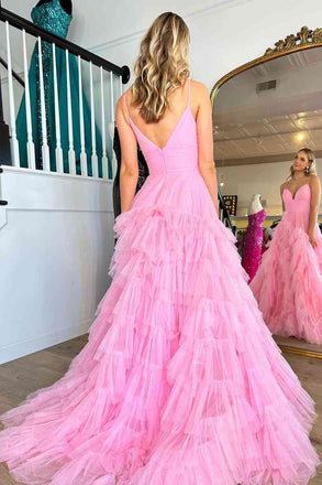 Spaghetti Straps Pink A-Line Long Prom Dress With Frill-Layered