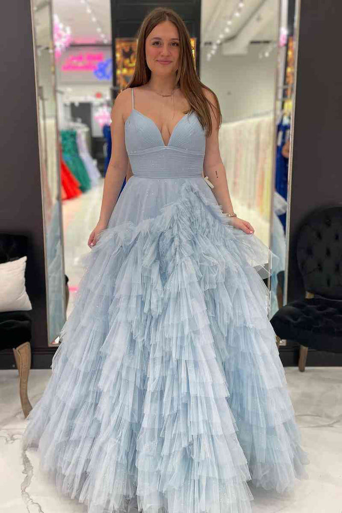 Spaghetti Straps Pink A-Line Long Prom Dress With Frill-Layered