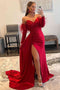 Off the shoulder Red Sweetheart Mermaid Slit Long Prom Dress With Pleated