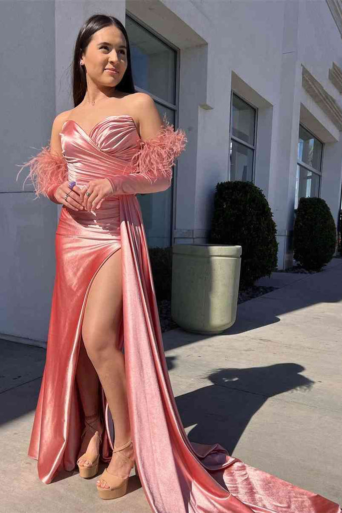 Off the shoulder Red Sweetheart Mermaid Slit Long Prom Dress With Pleated