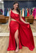 One Shoulder Red Mermaid Split Satin Long Prom Dress With Pleated