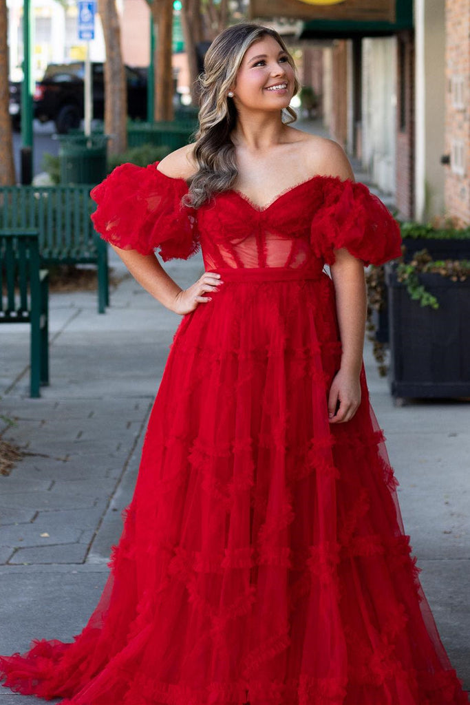 Long Prom Dress With Balloon Sleeves, Princess Off-Shoulder Fuchsia Ruffle Prom Dress