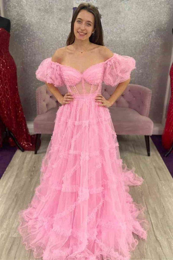 Long Prom Dress With Balloon Sleeves, Princess Off-Shoulder Fuchsia Ruffle Prom Dress