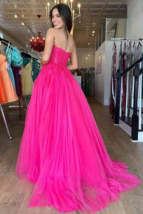 Sweetheart Fuchsia A Line Prom Dress Backless Evening Dress with Appliques