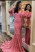 Off-the-Shoulder Royal Blue Puff Sleeves Mermaid Prom Dress With Sequins