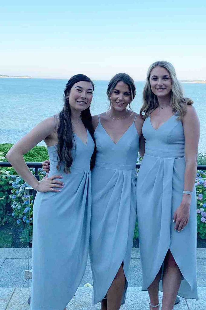 Spaghetti Straps Light Grey V Neck Midi Bridesmaid Dress