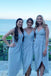 Spaghetti Straps Light Grey V Neck Midi Bridesmaid Dress