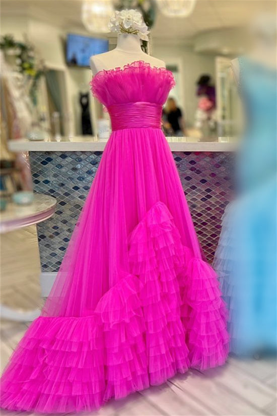 Off the Shoulder Fuchsia Tulle Long Prom Party Dress With Multi-Layers