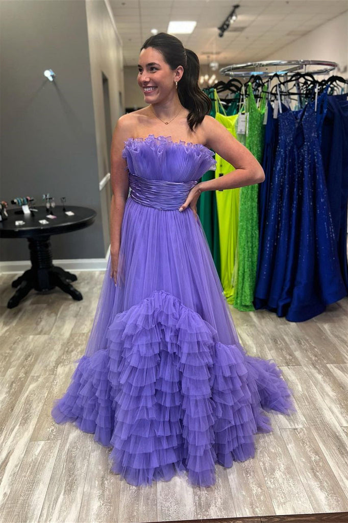 Off the Shoulder Fuchsia Tulle Long Prom Party Dress With Multi-Layers