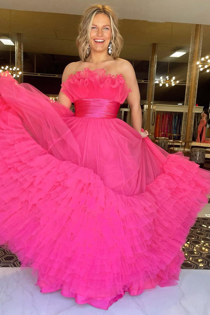 Off the Shoulder Fuchsia Tulle Long Prom Party Dress With Multi-Layers