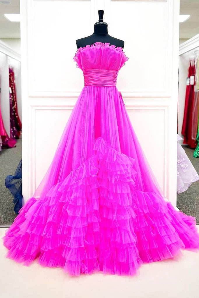 Off the Shoulder Fuchsia Tulle Long Prom Party Dress With Multi-Layers