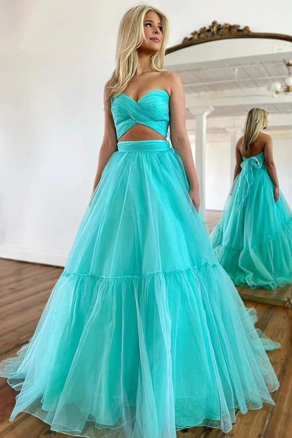 Sweetheart Two Pieces Tulle Prom Dress A Line Formal Dress Wtih Ruched