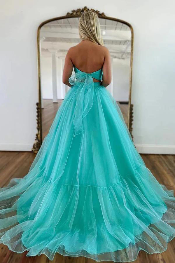 Sweetheart Two Pieces Tulle Prom Dress A Line Formal Dress Wtih Ruched