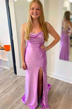 Spaghetti Straps Lilac Cowl Neck Satin Long Prom Dress With Slit