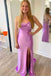 Spaghetti Straps Lilac Cowl Neck Satin Long Prom Dress With Slit