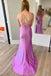 Spaghetti Straps Lilac Cowl Neck Satin Long Prom Dress With Slit
