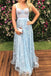 Straps Light Blue Lace Long Prom Dress, Sweetheart Party Dress