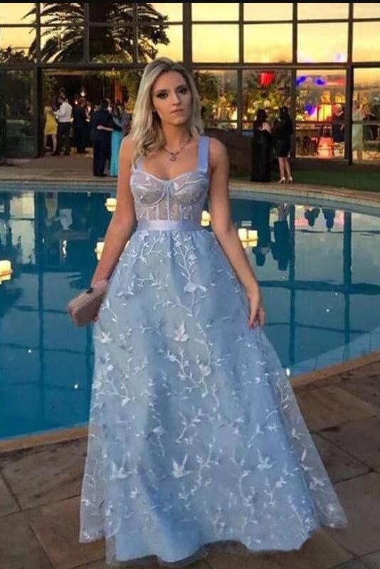 Straps Light Blue Lace Long Prom Dress, Sweetheart Party Dress