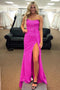 Off the Shoulder Fuchsia Mermaid Slit Long Prom Dress With Sequins