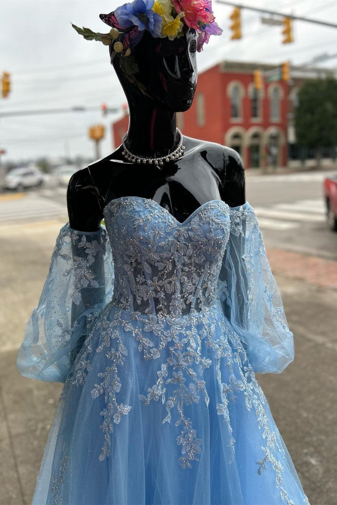 Sweetheart Light Blue Appliques Beaded Prom Dress With Puff Long Sleeves