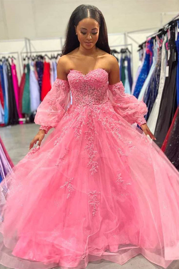 Sweetheart Light Blue Appliques Beaded Prom Dress With Puff Long Sleeves