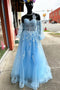 Sweetheart Light Blue Appliques Beaded Prom Dress With Puff Long Sleeves