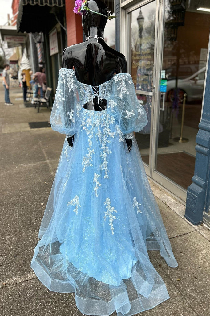 Sweetheart Light Blue Appliques Beaded Prom Dress With Puff Long Sleeves