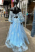 Sweetheart Light Blue Appliques Beaded Prom Dress With Puff Long Sleeves