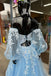 Sweetheart Light Blue Appliques Beaded Prom Dress With Puff Long Sleeves