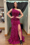 One Shoulder Fuchsia Slit Mermaid Long Prom Dress With Sequins