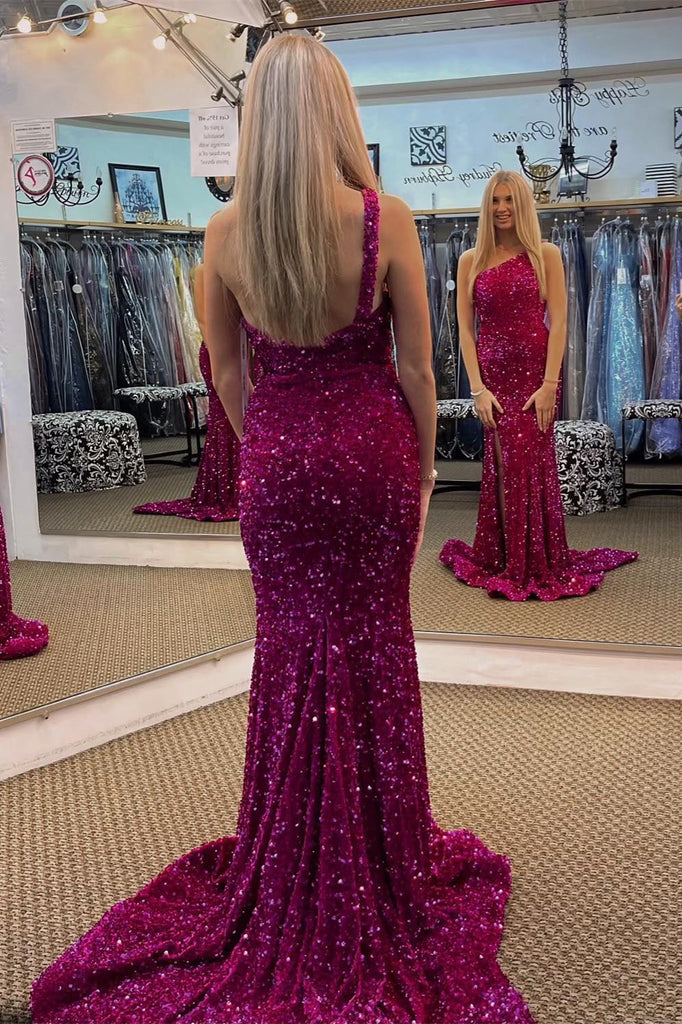One Shoulder Fuchsia Slit Mermaid Long Prom Dress With Sequins