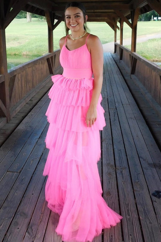 Spaghetti Straps Pink A Line Long Prom Dress With Layered Long Party Dress